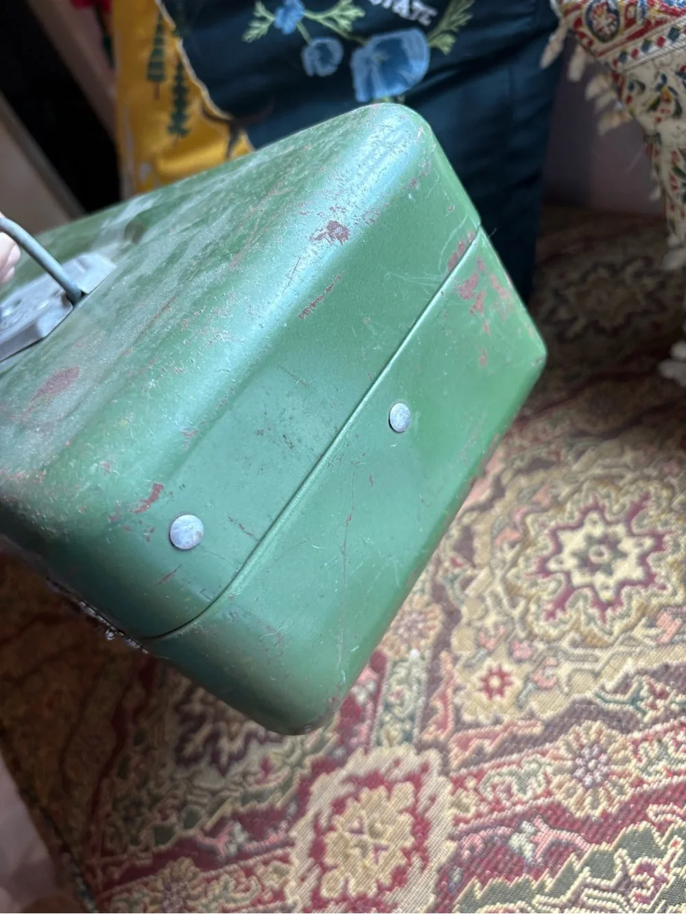 Old Pal Vintage Green Metal Tool Box with Raised Logo